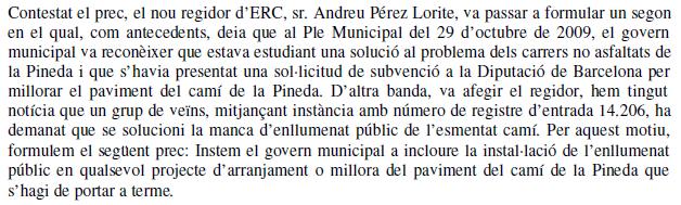 Prec d'ERC al ple de l'Ajuntament de Gavà sol·licitant la inclusi d'un projecte d'enllumenat dins de la millora del Cam de la Pineda i voltants (28 de Gener de 2010)